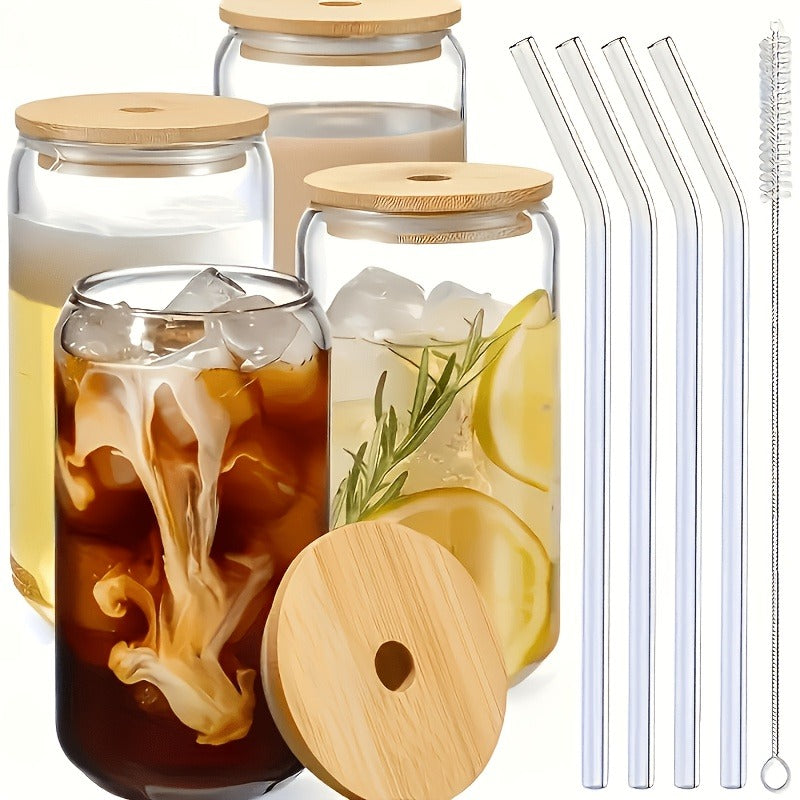 Drinking Glasses Set with Lid and Straw 550ml Oval Glass Cups 4 or 6 Piece, for Home Cooking, Dining and Outdoor Meals