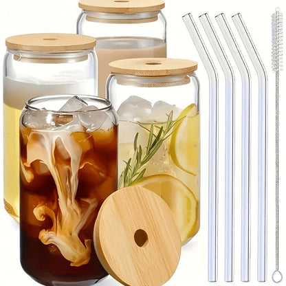 Drinking Glasses Set with Lid and Straw 550ml Oval Glass Cups 4 or 6 Piece, for Home Cooking, Dining and Outdoor Meals