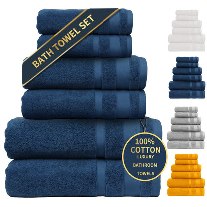Towel Set 6 or 10 Piece Pure Cotton Bath Towels in Grey, Blue, White or Yellow for Home, Gym and Travel