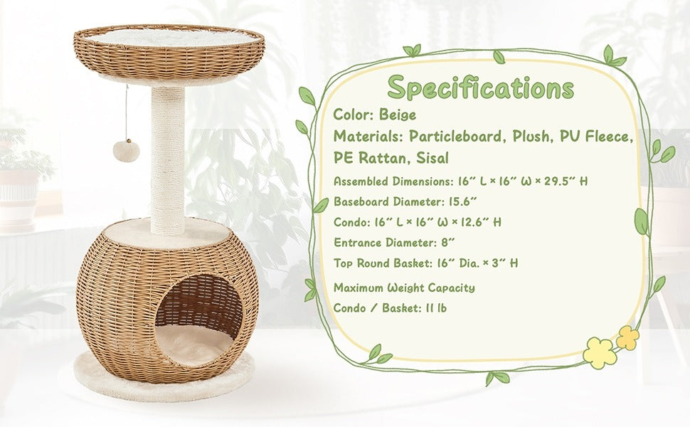 Cat Tree 29.5 Inch Rattan Cat House with Natural Sisal Scratching Post – Woven Cat Condo, Soft Cushion Perch, Hanging Bell Toy