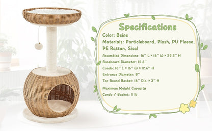 Cat Tree 29.5 Inch Rattan Cat House with Natural Sisal Scratching Post – Woven Cat Condo, Soft Cushion Perch, Hanging Bell Toy