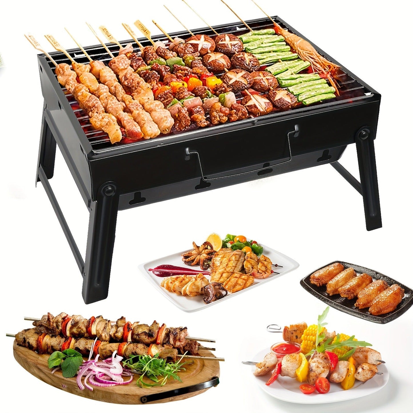 Folding Charcoal Grill with Rectangular Black Body, Layered Grate, Charcoal Mesh and Pull-Out Tray