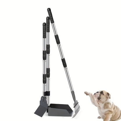 Dog Pooper Scooper Set – Stainless Steel Tray & Rake with Adjustable Long Handle, Rust-Proof Durable Pet Waste Removal Tool, Easy to Clean