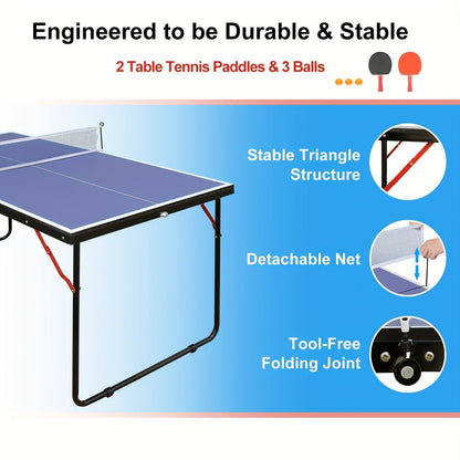 Foldable Ping Pong Table 4.5ft – Portable Midsize Table Tennis Table for Indoor & Outdoor, Family & Camping Game Set with 2 Paddles