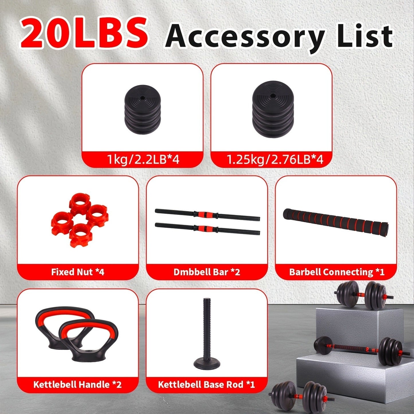Adjustable Dumbbell and Barbell Weight Set with 20-, 30-, 70- or 90-Pound Pair Options and Kettlebell Handles
