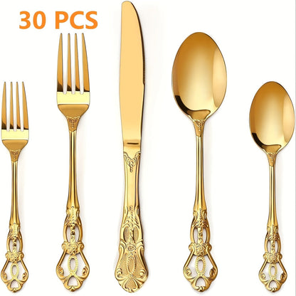 Stainless Steel Flatware Set – Vintage Royal Golden & Silver Silverware Set for 6, Rust-Resistant Dishwasher Safe Cutlery with Forks