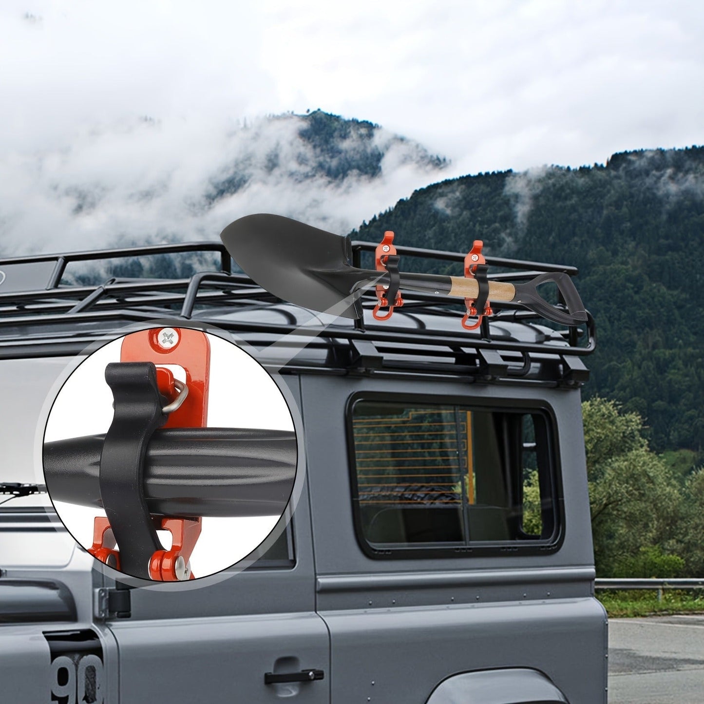 Roof Rack Shovel Mount 2-Pack – Metal Clamp Bracket Kit with Rubber Clamps, Quick Release Axe Holder for Roof Rack, Truck Bed, Boat