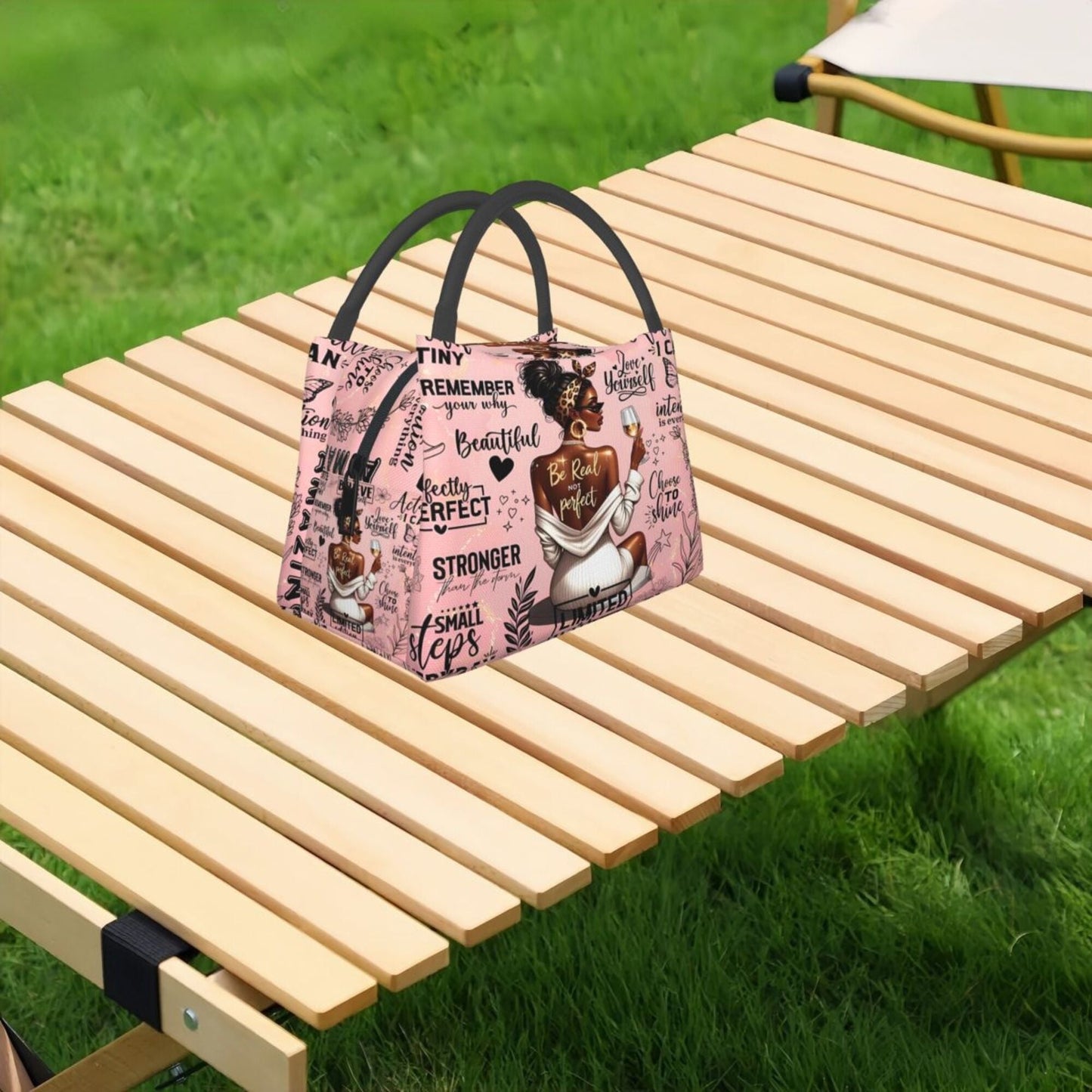 Insulated Lunch Bag with Black Girl Wine Tasting Pattern – Portable Reusable Cooler Bag for Camping, Picnic, Beach, Office & Outdoor Use