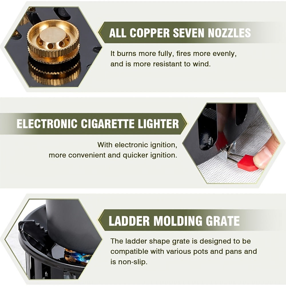 Windproof Camp Stove 21000W Collapsible, Seven Star Camping Gas Stove with Piezo Igniter & Fuel Canister Adapter