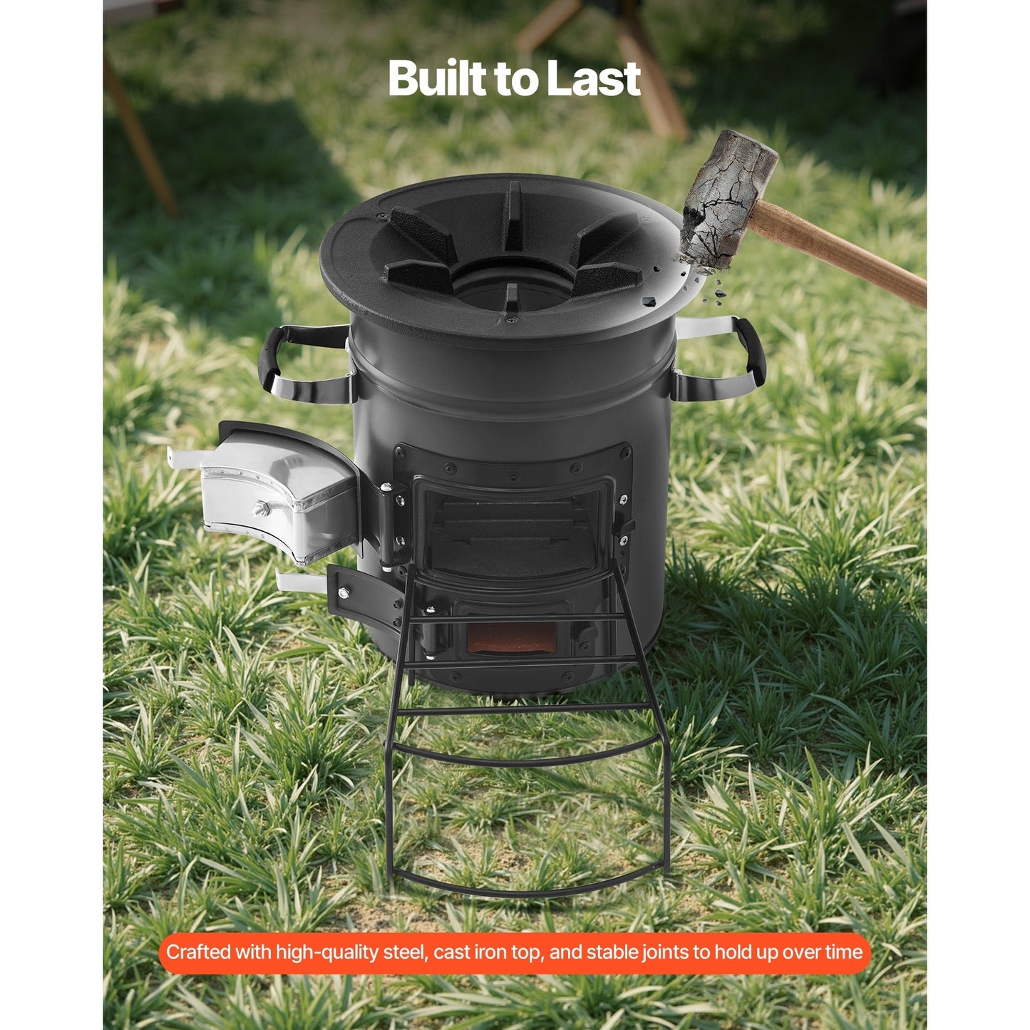 Wood Burning Rocket Stove Portable Camping Stove with Cast Iron Top, Double Door, Fireproof Lining