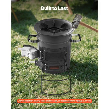 Wood Burning Rocket Stove Portable Camping Stove with Cast Iron Top, Double Door, Fireproof Lining