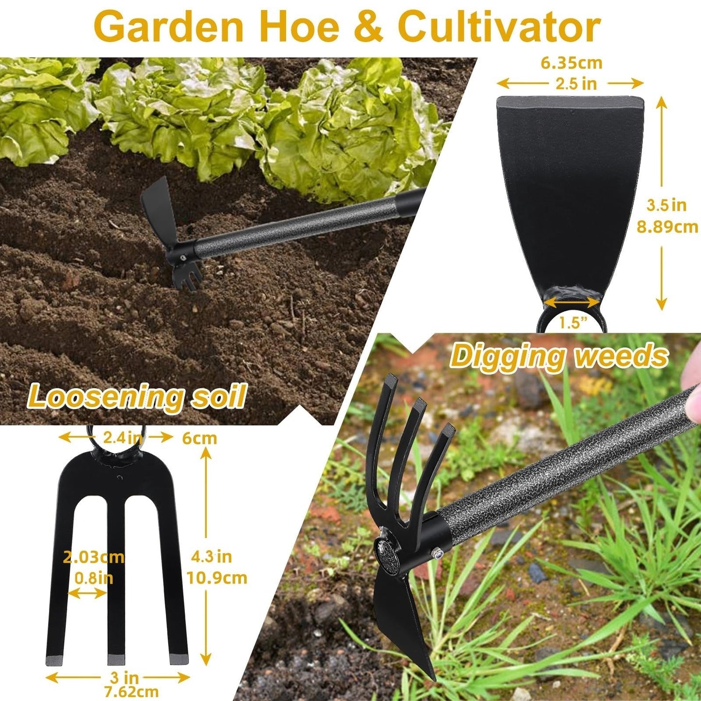 60-Inch Garden Hand Tool with Double-Ended Flat Hoe, Three-Prong Cultivator and Sectional Handle
