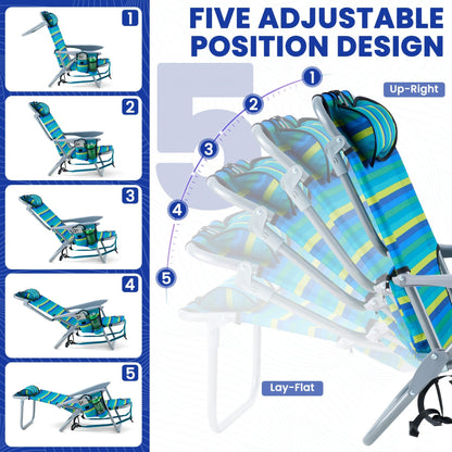 Folding Beach Chair Lay Flat Camping Chair for Adults 4 Position Adjustable Backpack Chair with Cup Holder Towel Bar Cooler Pouch