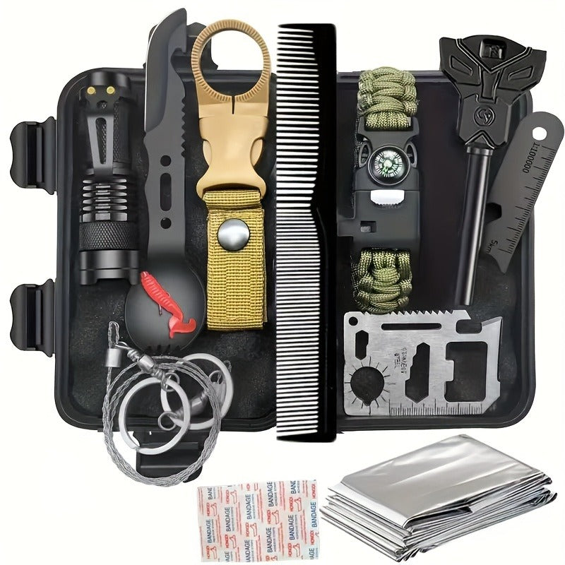 Tactical Survival Kit Multi-Tool Box – Emergency Outdoor Gear with Magnesium Fire Starter, Flint & First Aid Supplies for Camping, Hiking