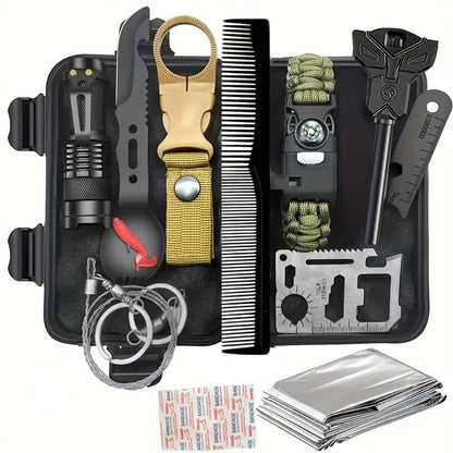 Tactical Survival Kit Multi-Tool Box – Emergency Outdoor Gear with Magnesium Fire Starter, Flint & First Aid Supplies for Camping, Hiking