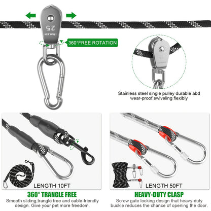 Overhead Dog Trolley System 75ft – Heavy Duty Reflective Cable Runner, Supports Up to 200lbs, Portable Easy Setup for Yard, Park