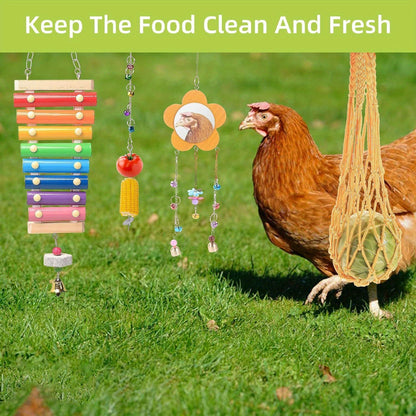 Chicken Coop Toys Set – Xylophone, Swing, Mirror, Step Ladder & Pecking Toys for Hens, Wood & Colorful Bead Enrichment Accessories