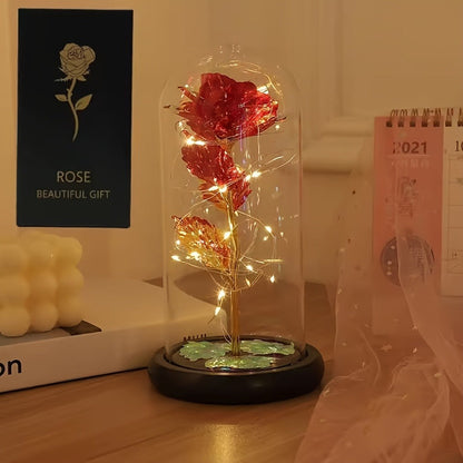 LED Rose Flower in Glass Dome, Eternal Foil Rose with LED Light, Romantic Valentine's Day Gift for Girlfriend