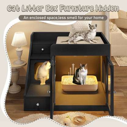 Cat Litter Box Enclosure Furniture Hidden Cabinet with LED Light & 2 Drawers – MDF Indoor Cat House Side Table with Acrylic Door