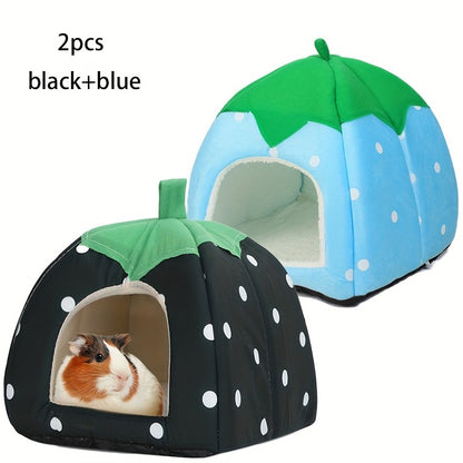Small Animal Hideaway Bed 2pcs – Strawberry Plush Hideout for Guinea Pigs, Hamsters & Rabbits, Semi-Enclosed Warm Nest with Leaf Design