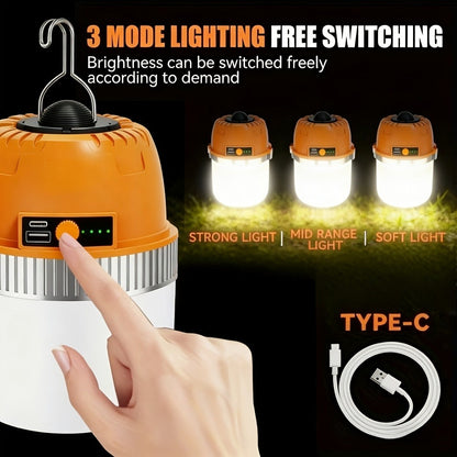 Orange Hanging Camping Lantern with Three Brightness Settings, Type-C Charging Port and Integrated Hook