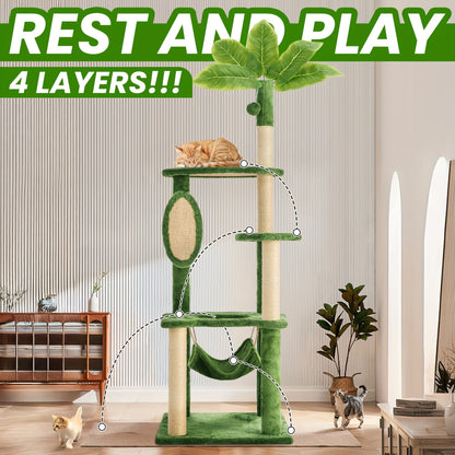 Cat Tree 55" Large Multi-Level Cat Tower for Indoor Cats with Green Leaves, Hammock, Sisal Scratching Posts & Hanging Ball Toy