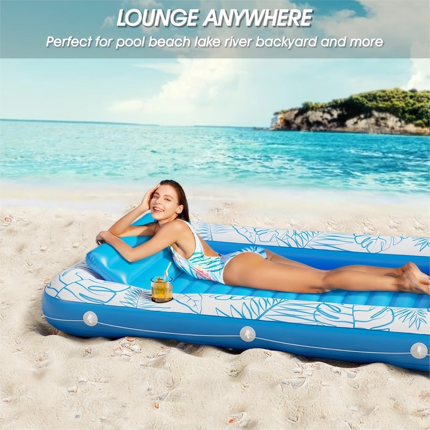 Tanning Pool Float 4-in-1, Inflatable Sunbathing Lounger with Detachable Pillow, Cup Holder & Wrap Rope