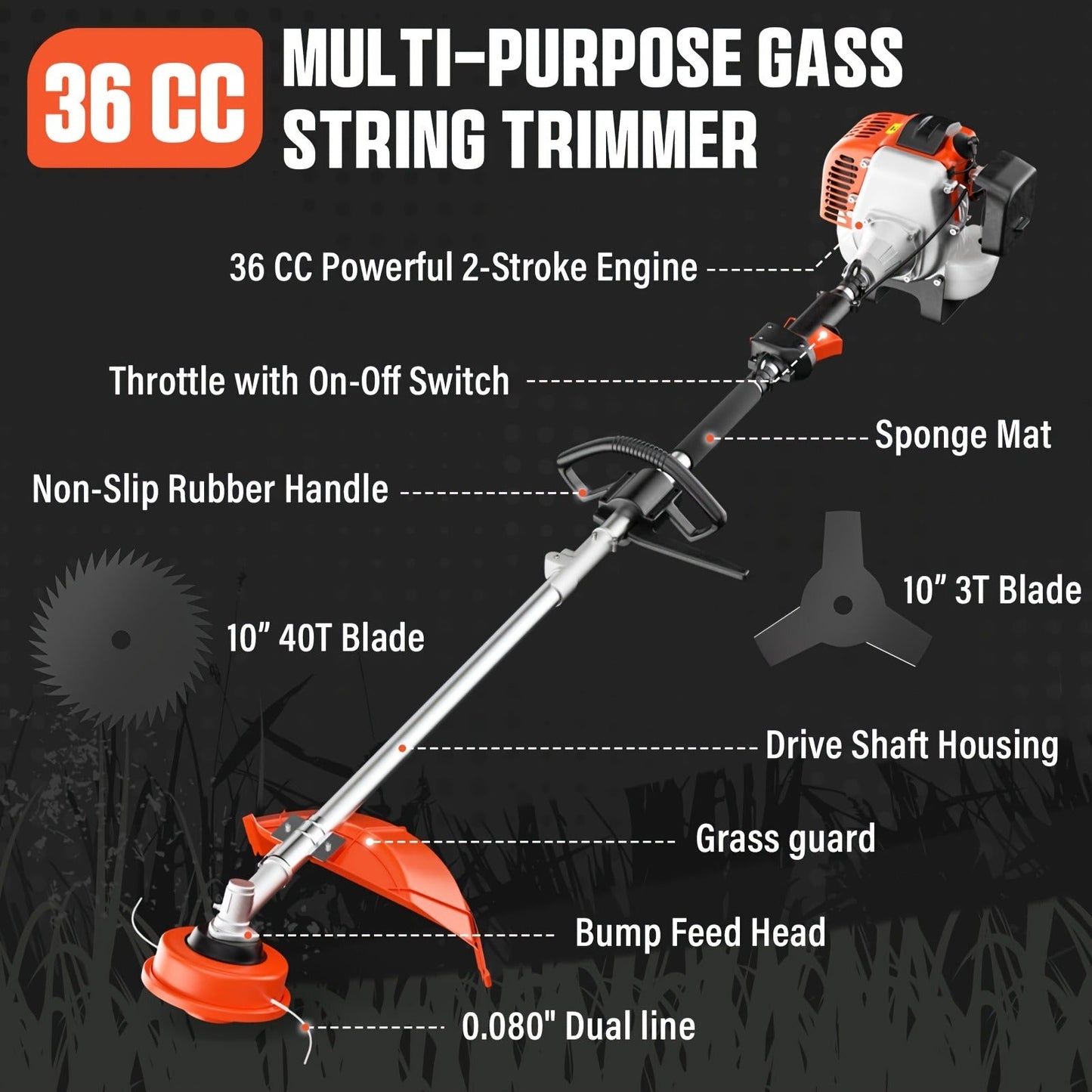 Gas String Trimmer 36CC 2-Cycle Weed Eater, 17" Cutting Swath, Easy Start Technology, Commercial Grade Gas Weed Wacker for Thick Weeds