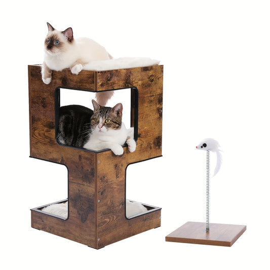 Cat Tree Small Modern 23.6" Wood Cat Tower Furniture with Scratching Pad Removable Soft Mats & Free Cat Toy for Indoor Kittens