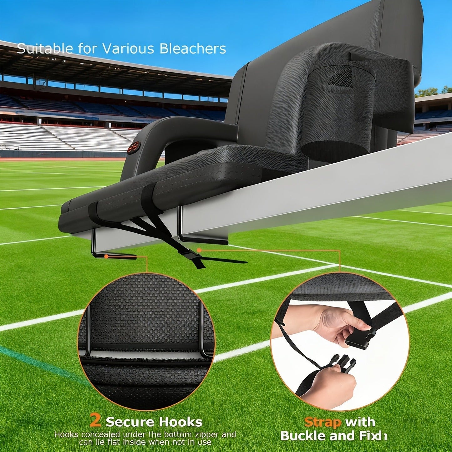 Heated Stadium Seat with Back Support for Bleachers 6 Reclining Positions 3 Heat Levels Dual-Zone USB Heated Bleacher Chair with 5 Storage