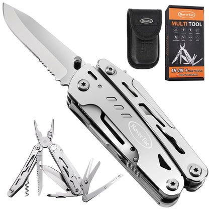 18-in-1 Stainless Steel Multitool Pocket Knife – Pliers, Scissors, Saw, Corkscrew & 9 Screwdrivers with Safety Lock & Nylon Sheath