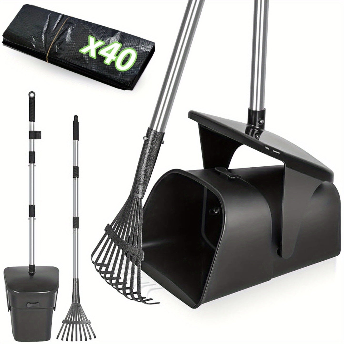 Dog Pooper Scooper with Long Handle & Swivel Bin – Heavy Duty Rake Spade Set, 40 Waste Bags Included, Pet Waste Removal for Yard Grass