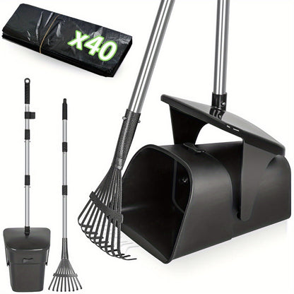 Dog Pooper Scooper with Long Handle & Swivel Bin – Heavy Duty Rake Spade Set, 40 Waste Bags Included, Pet Waste Removal for Yard Grass