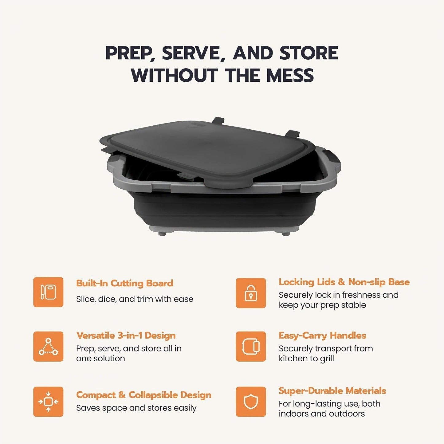 Collapsible Three-in-One BBQ Prep Tub with Cutting Board, Washing Basket, Drain Plug and Locking Lid in Black
