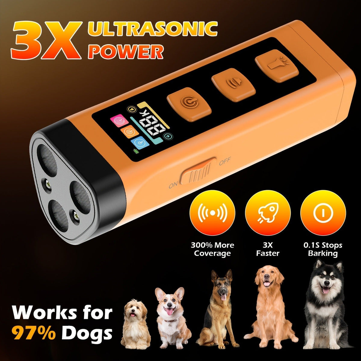 Orange Rechargeable Triple-Emitter Ultrasonic Dog Training Aid with Display, Light and Wrist Strap