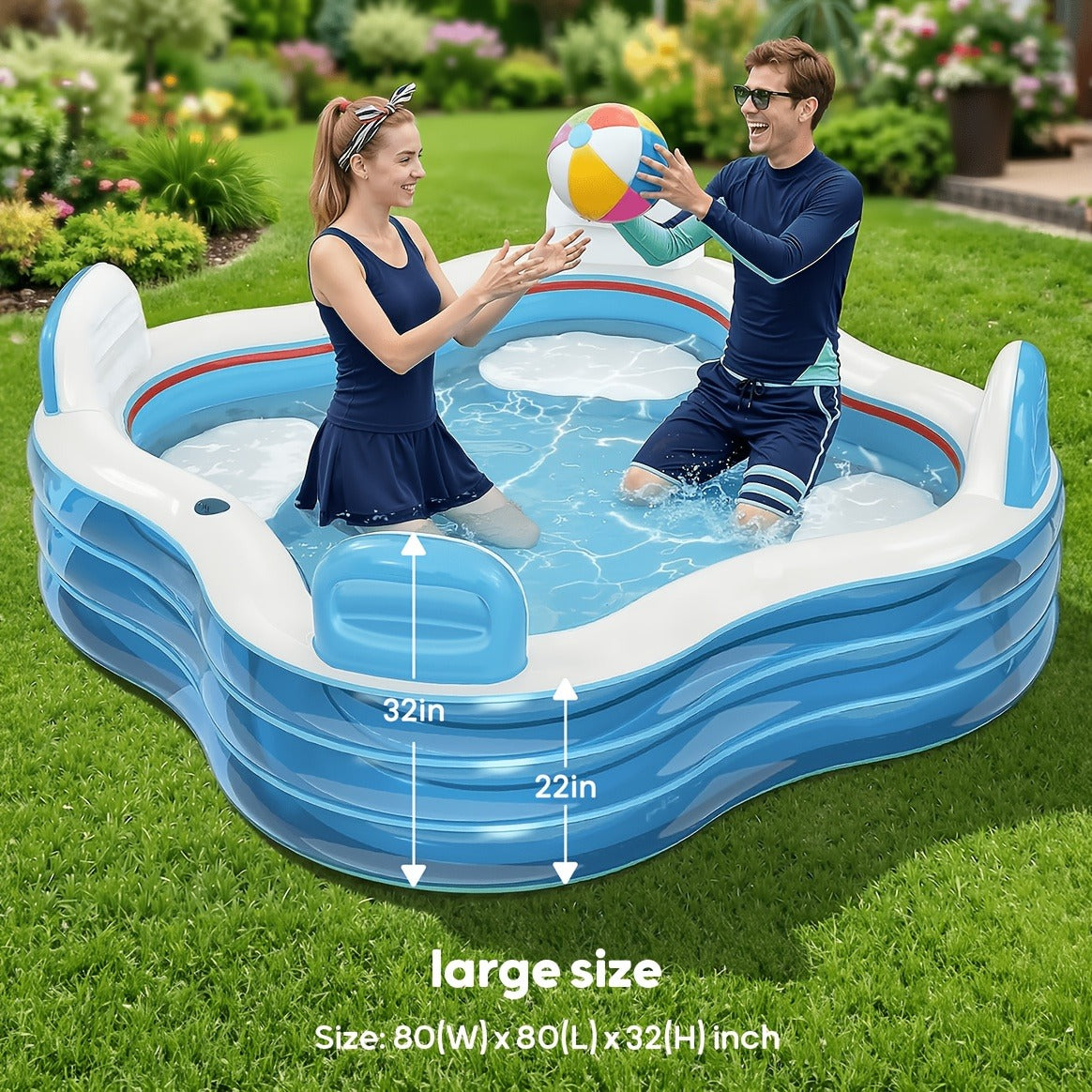 Inflatable Lounge Pool with Backrest 4 Seats 80x80x32 Inch Blow Up Pool for Adults Family Outdoor Garden for Garden, Patio and Yard Use