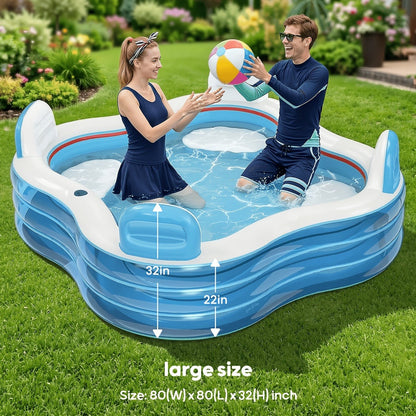 Inflatable Lounge Pool with Backrest 4 Seats 80x80x32 Inch Blow Up Pool for Adults Family Outdoor Garden for Garden, Patio and Yard Use