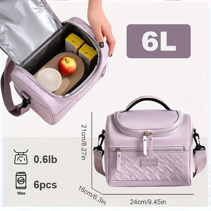 Quilted Lunch Bag Tote with Dual Zippers, Front and Side Pockets, Shoulder Strap and Four Colors