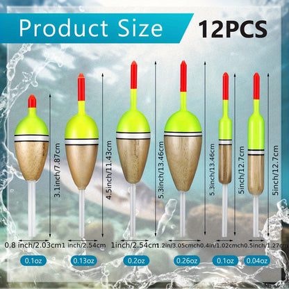 Wooden Fishing Floats 12-Pack – 6 Sizes Slip Bobber Set for Crappie, Bluegill, Trout, Bass, Panfish, Catfish & Walleye | Freshwater Fishing