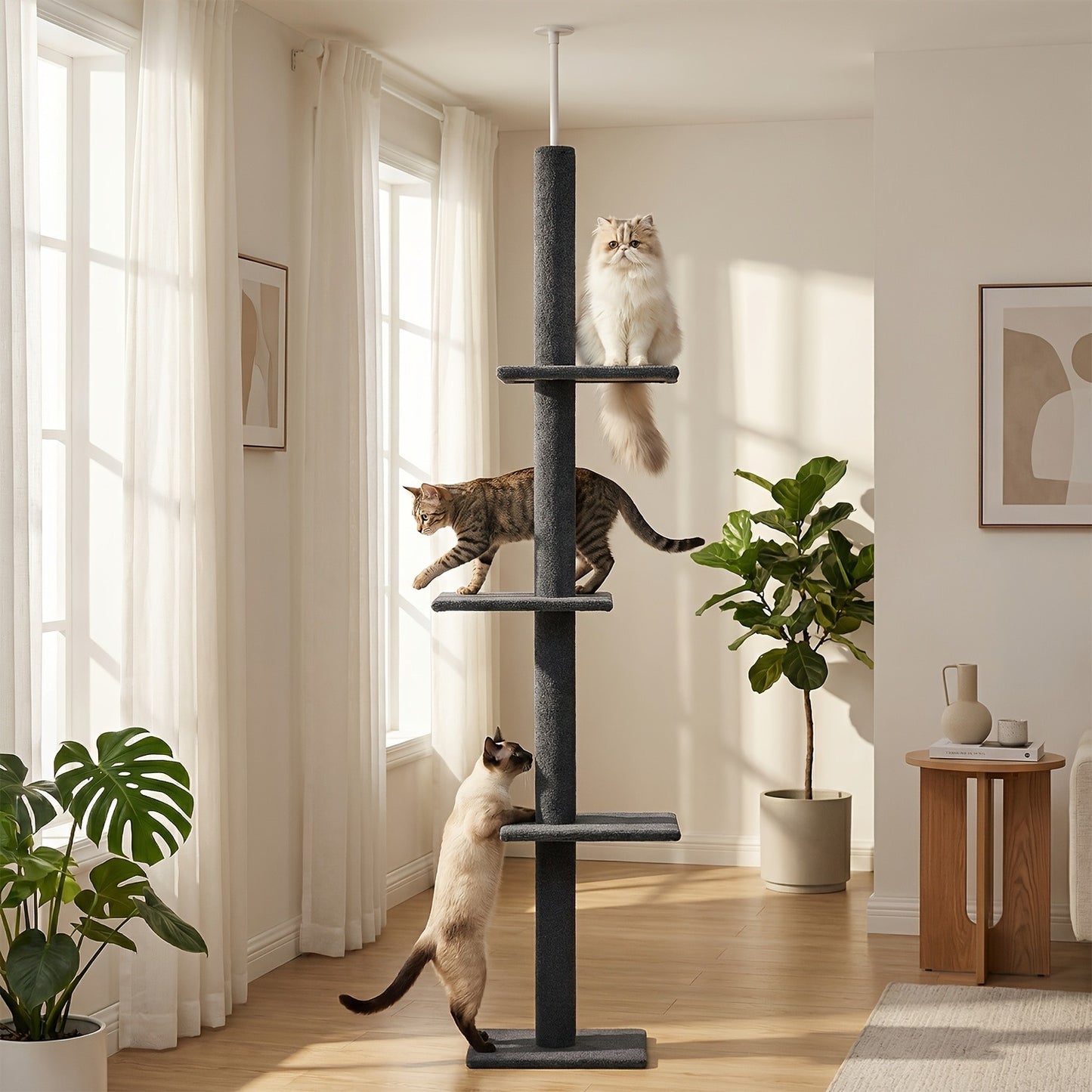 Floor to Ceiling Cat Tree Tower 90–107" – 4-Tier Tall Adjustable Cat Climbing Post with Tension Rod | Ceiling-Mounted Stable Cat Activity