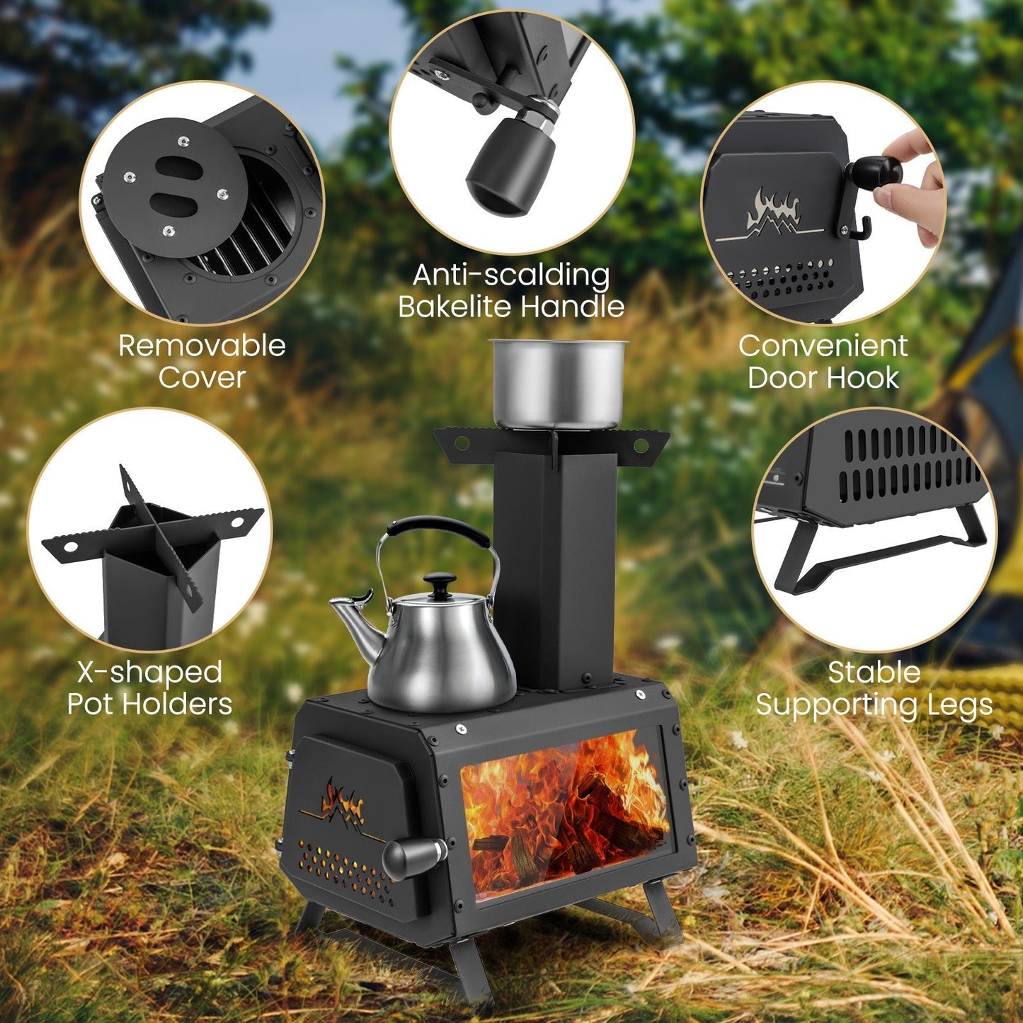 Camp Stove Wood Burning 2-in-1 Outdoor Cookstove & Heater, Carbon Steel, Glass-Ceramic Window, Dual Cooking Positions