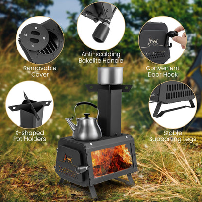 Camp Stove Wood Burning 2-in-1 Outdoor Cookstove & Heater, Carbon Steel, Glass-Ceramic Window, Dual Cooking Positions