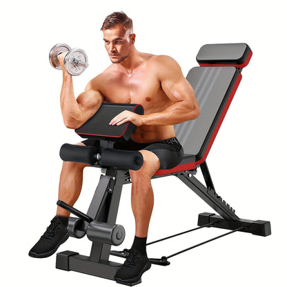 Foldable Adjustable Workout Bench with Black-and-Red Padding, Preacher Curl Pad, Leg Rollers and Resistance Bands