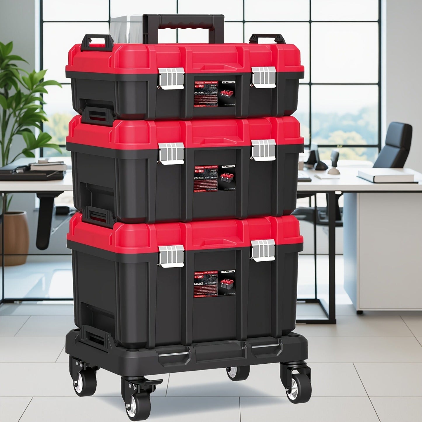 Rolling Tool Box with Wheels 3-Tier Stackable Organizer | Lockable Compartments, Connected Storage, 17" Large Plastic Toolbox for Garage