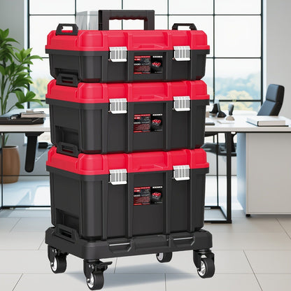 Rolling Tool Box with Wheels 3-Tier Stackable Organizer | Lockable Compartments, Connected Storage, 17" Large Plastic Toolbox for Garage