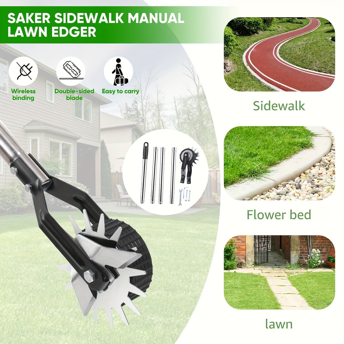 Wheeled Lawn Edger Manual Rotary Trimmer with 3/4-Section Stainless Steel Handle – Walk-Behind Grass Edger for Sidewalk