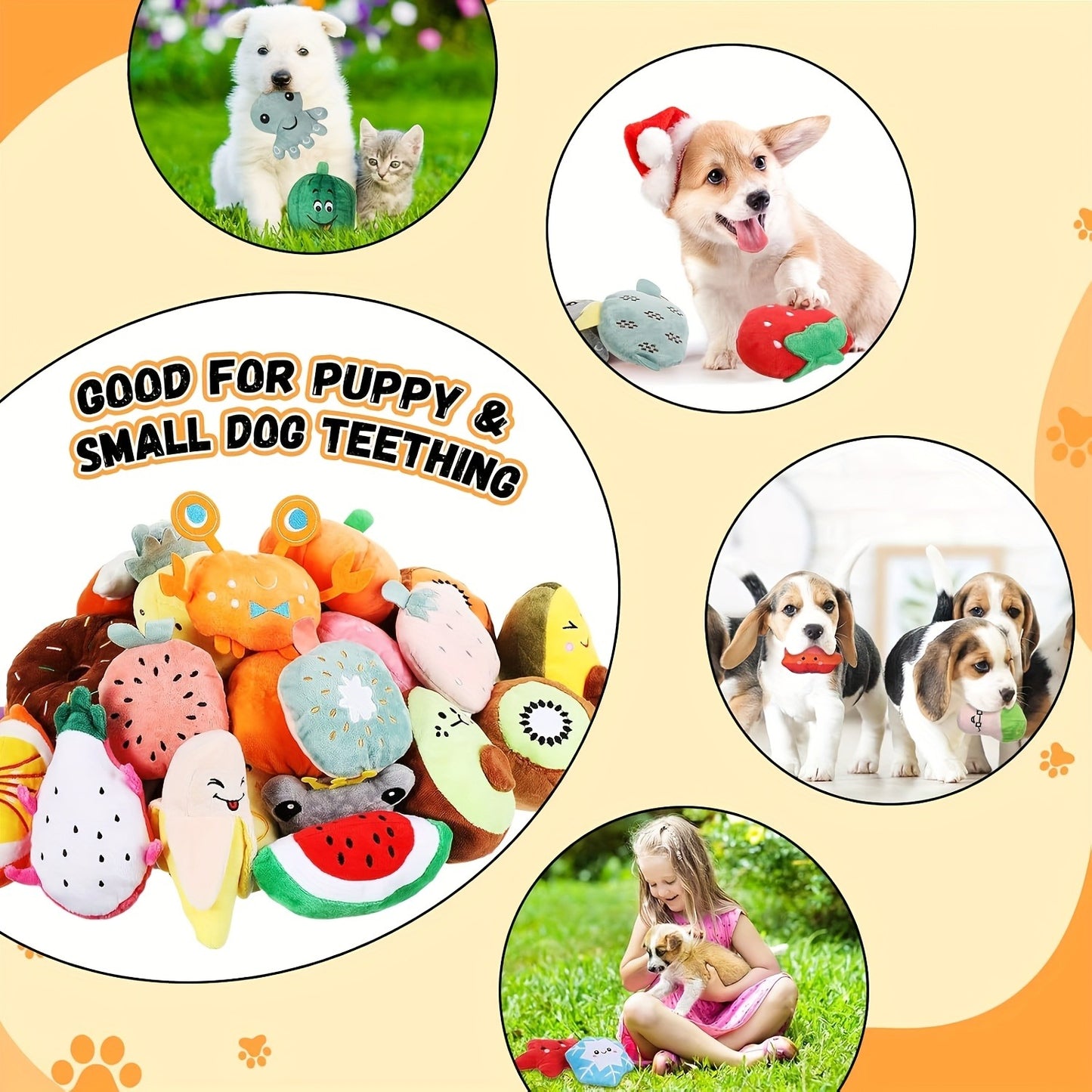 Puppy Chew Toys, Squeaky Plush Dog Toys 80pcs Bulk Set – Colorful Fruit & Animal Shaped Stuffed Toys for Small Medium Dogs