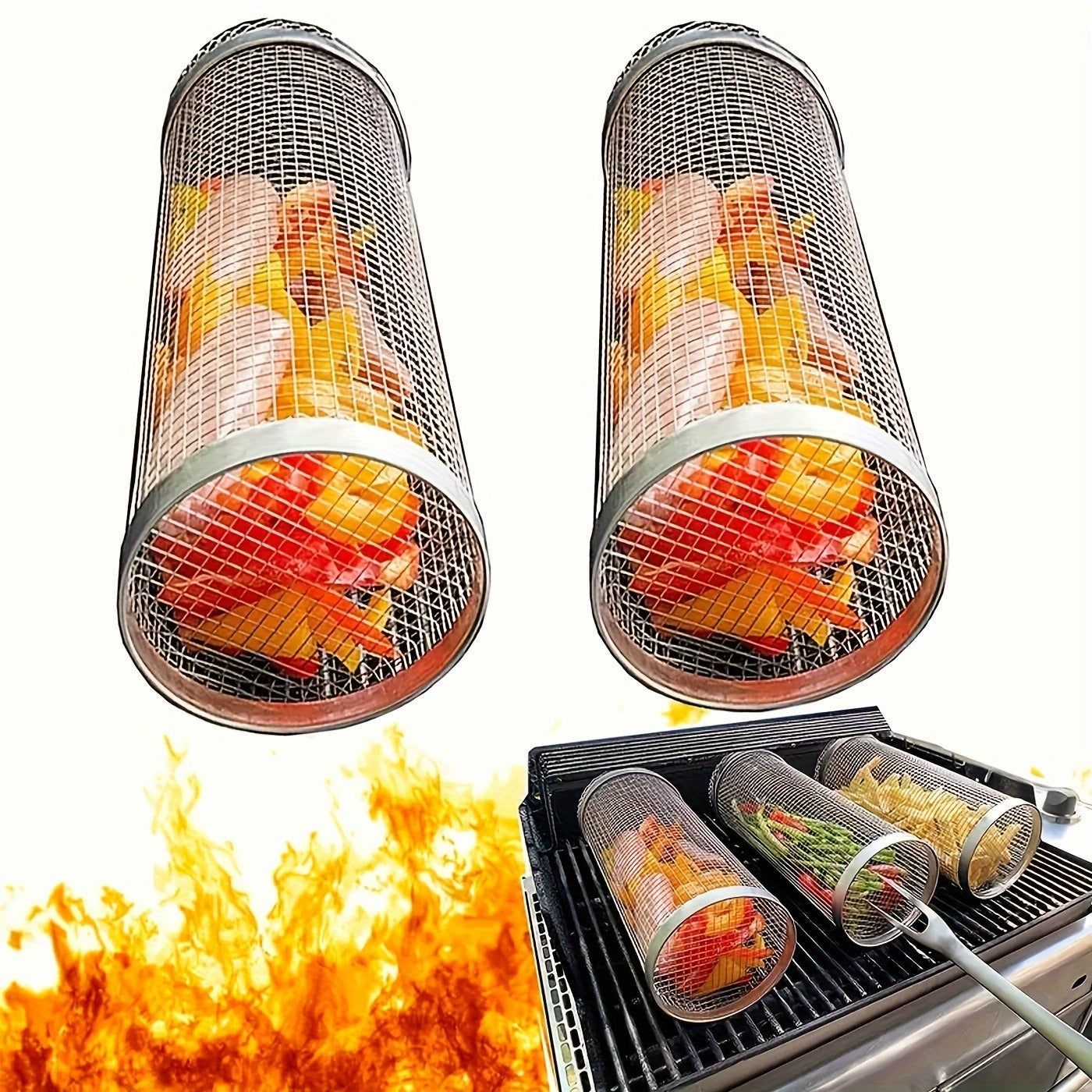 Rolling Grill Basket Stainless Steel 2-Pack, Cylinder BBQ Basket with Hook & Fork for Vegetables