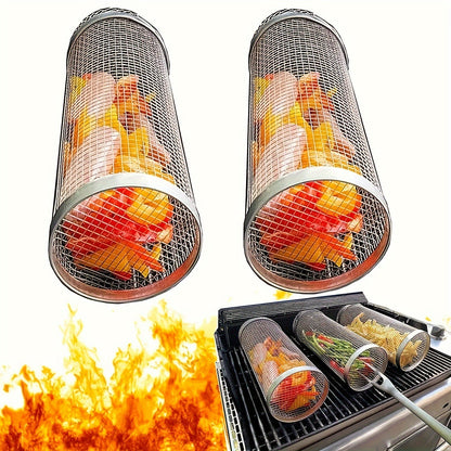 Rolling Grill Basket Stainless Steel 2-Pack, Cylinder BBQ Basket with Hook & Fork for Vegetables