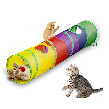 Collapsible Cat Tunnel Toy – Foldable S-Shaped & 3-Way Tube with Ball & Peek Holes, Rainbow Colors, Connectable Cat Play Tunnel for Indoor